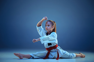 Young girl training karate on blue background © master1305