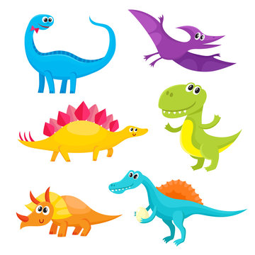 Set of cute and funny smiling baby dinosaurs, cartoon vector illustration isolated on white background. Set of funny dinosaurs stegosaurus, triceratops, T-rex, brontosaurus, spinosaurus, pterodactyl