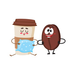 Crazy coffee bean and sleepy paper cup characters, breakfast, morning, wake up concept, cartoon vector illustration isolated on white background. Coffee bean and paper coffee cup characters, mascots