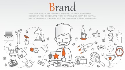 Vector creative illustration of brand with line icons. Branding technology concept. 