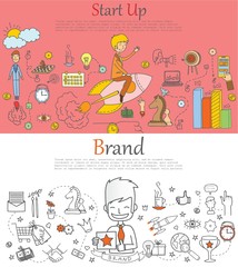 Doodle line design of web banner templates with outline icons of brand and start up