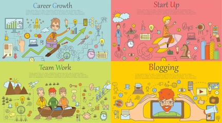 Doodle line design of web banner templates with outline icons of team work, time management, start up and career growth.Vector illustration concept for website or infographics. 