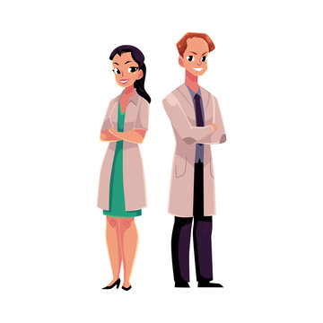Male and female doctors in white medical coats standing confidently with arms folded, crossed on breast, cartoon vector illustration isolated on white background. Full length portrait of two doctors