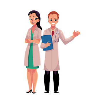 Male and female doctors in white medical coats, woman with folded arms, man holding folder, cartoon vector illustration isolated on white background. Full length portrait of two doctors