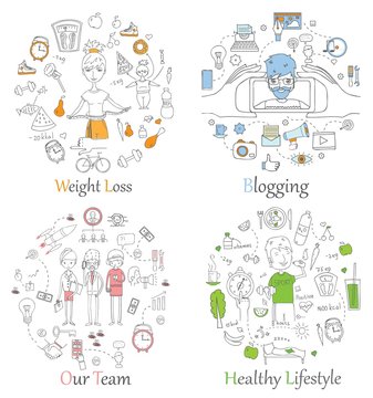 Doodle line banners of Healthy lifestyle, Blogging, Team work and Weight loss.Concept Vector background for promotional material.