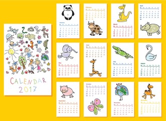 Calendar 2017. Cute doodle animals for every month. Vector. Isolated.