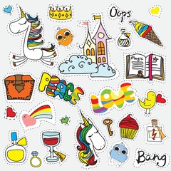 Patch badges with hearts, cats, flowers, unicorn and other elements.Set of stickers, pins, patches in cartoon 80s-90s comic style.