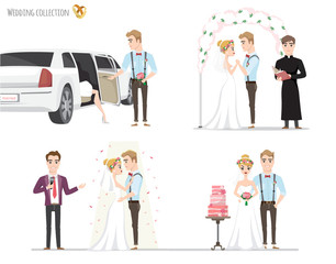 Set of wedding pictures, bride and groom in love