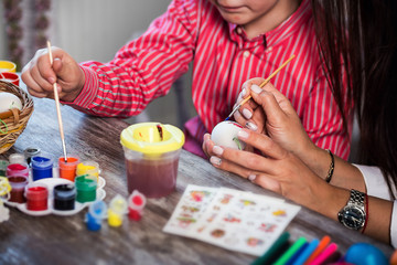 colouring eggs for eastertime at home.Happy easter!A mother and her son painting Easter eggs.Happy family preparing for Easter.decorating Easter eggs, children's hands hold a paintbrush and paint