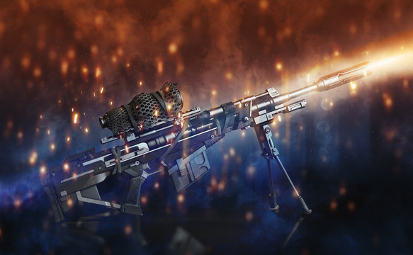 Sniper rifle with bi-pod and camouflaged scope on a black background with abstract lighting effects.3d rendering