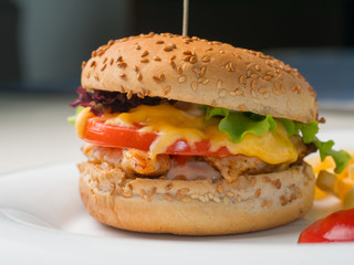 Big burger with french fries and ketchup on white plate