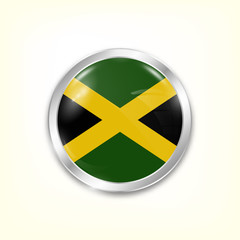 Round button national flag of Jamaica with the reflection of light and shadow. Icon country. Realistic vector illustration.