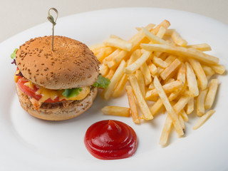 Big burger with french fries and ketchup on white plate