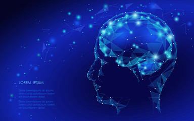Fototapeta premium Concept of Active Human Brain with Binary Code Stream. Human Brain Covered with fall of Binary Numbers. Technology Low Poly Design of Human Brain. Brain with Binary Digits. Symbol of Wisdom.