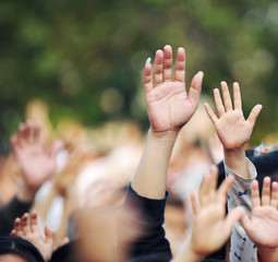 Many hands raised in a crowd of people
