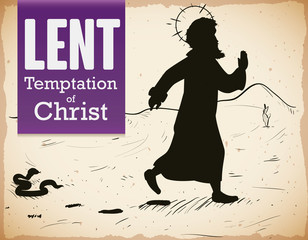 Christ's Temptation Representation in a Scroll with Ribbon for Lent, Vector Illustration