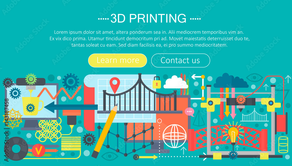 Poster 3d printer technology flat concept set. 3d modeling, printing and scanning web header.