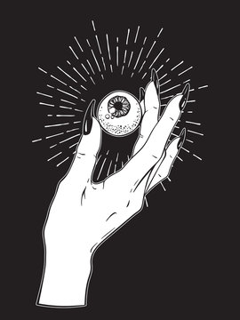 Naklejki Human eyeball in female hand isolated. Sticker, print or blackwork tattoo hand drawn vector illustration