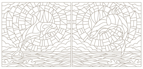 Set contour illustrations of stained glass with shark and whale on the sea background ,cloud, sky and sun