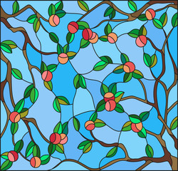 Illustration in the style of a stained glass window with the branches of Apple trees , the fruit branches and leaves against the sky © Zagory