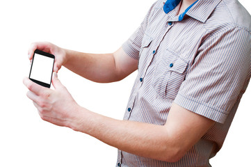 Man hold in hand smart phone blank screen. Show blank screen on phone. Mock up blank screen on Device.