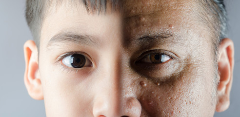 Fototapeta premium Zbliżenie na oczy chłopca i mężczyzny na pół twarzy