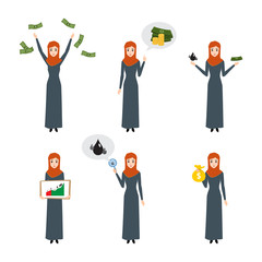 arab woman with many cash. illustration vector of a flat design.