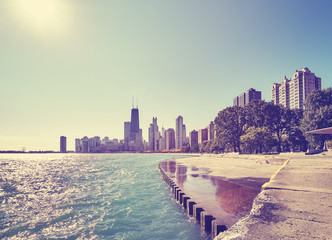 Color toned Chicago waterfront skyline on the early morning, against the sun photo, Illinois, USA. 