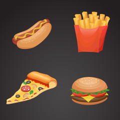 Fast food icon set on black background. Vector art.