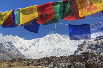 Himalaya Annapurna One mountain peak and prayer flags, Nepal