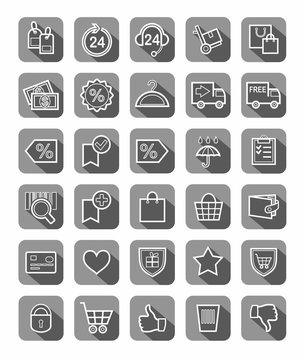Purchase via the Internet, payment, delivery, icons, gray, vector. The white contour drawings on gray background with shadow. Vector clip art. 