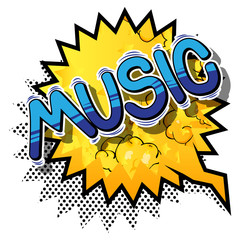 Music - Comic book style word on abstract background.