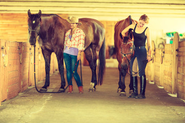Cowgirl and jockey walking with horses in stable