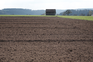 Gepfügter Acker mit Holzhütte