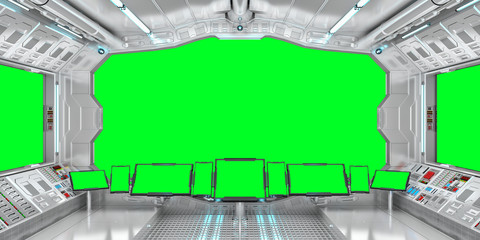 Spaceship interior with view on green windows 3D rendering