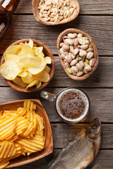Lager beer mug and snacks