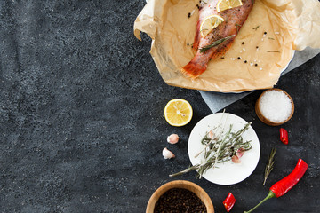 Marinated sea fish with vegetables on a dark background. Place for your text.