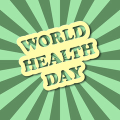 World health day text in comics style with green rays on background. Retro style card