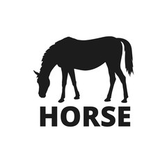 Vector horse logo. Black silhouette of horse eating on pasture.