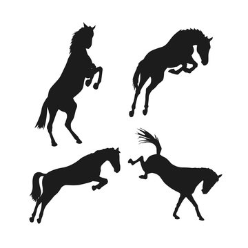 Silhouette of wild leaping and riotous horses. set vector illustration
