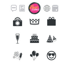 Party celebration, birthday icons. Fireworks.