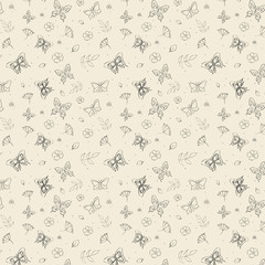 Small floral pattern. Butterflies and flowers on white background.
