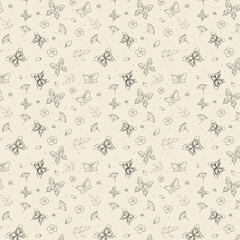 Small floral pattern. Butterflies and flowers on white background.