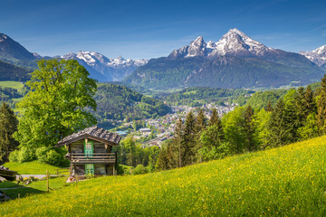 Fototapeta premium Idyllic mountain scenery with traditional mountain chalet in the Alps in summer