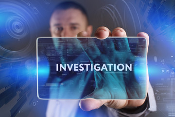 Business, Technology, Internet and network concept. Young businessman working on a virtual screen of the future and sees the inscription: Investigation