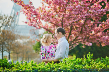 Fototapeta premium Couple in front of the Eiffel tower on a spring day in Paris, France