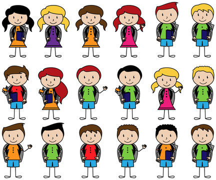 Collection of Cute Stick Figure Students in Vector Format