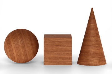 Mahogany wood 3D rendering figures geometric with shadows isolated on white