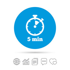 Timer sign icon. 5 minutes stopwatch symbol.