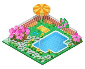 Ornamental garden with swimming pool, rhododendron ,parasol, wall, towel and pavement. 3D isometric view. Vector illustration.